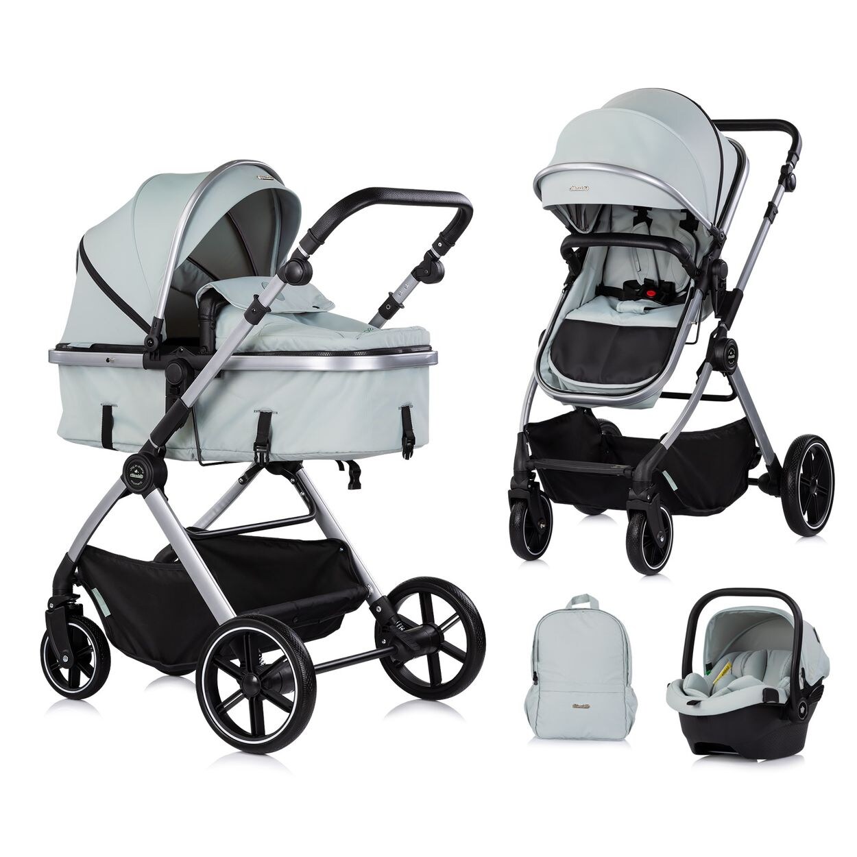 Chipolino Kombikinderwagen Pearl 3 in 1 umbaubar Babyschale Wickeltasche Fußsack grün