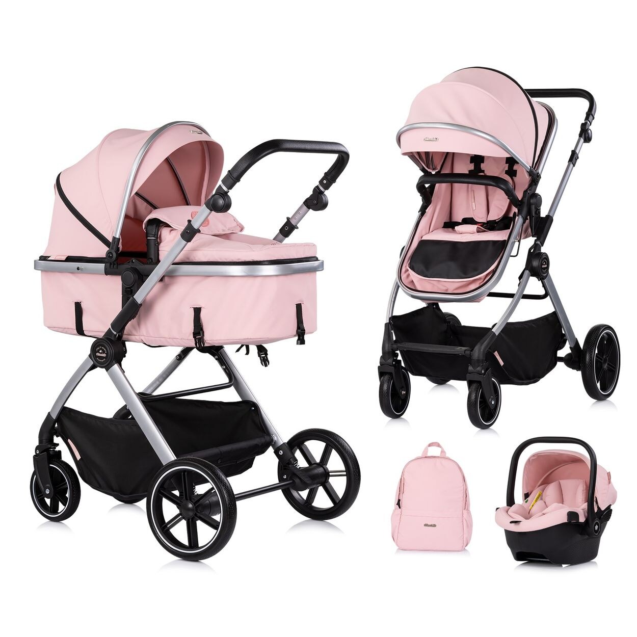 Chipolino Kombikinderwagen Pearl 3 in 1 umbaubar Babyschale Wickeltasche Fußsack rosa