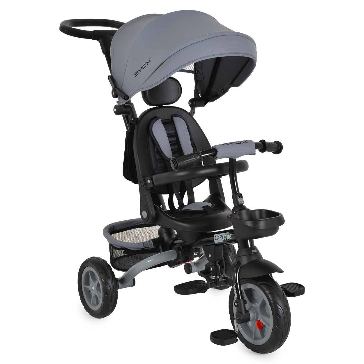 Byox Tricycle Explore 3 in 1 Dreirad umkehrbarer Sitz Schiebegriff K&ouml;rbe Pedale dunkelgrau - Bild 1