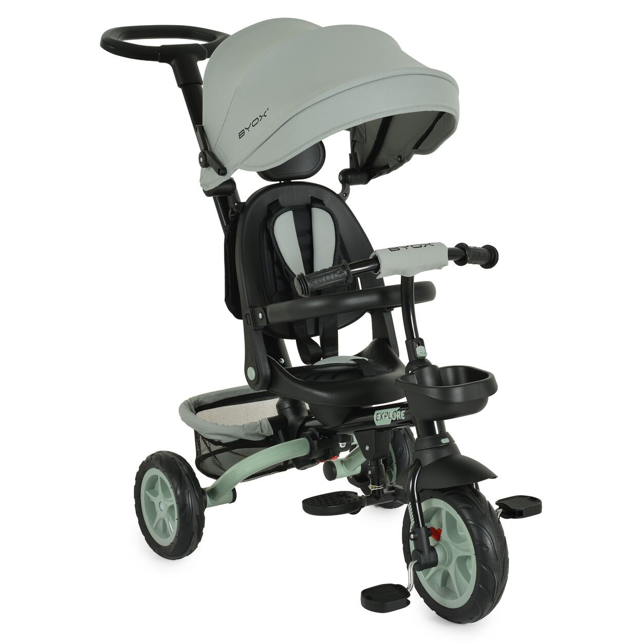 Byox Tricycle Explore 3 in 1 Dreirad umkehrbarer Sitz Schiebegriff Körbe Pedale hellgrün