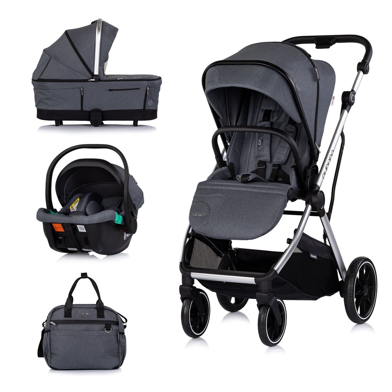 Chipolino Kombikinderwagen Aurora 3 in 1 Babyschale Babywanne Sportsitz Tasche dunkelgrau