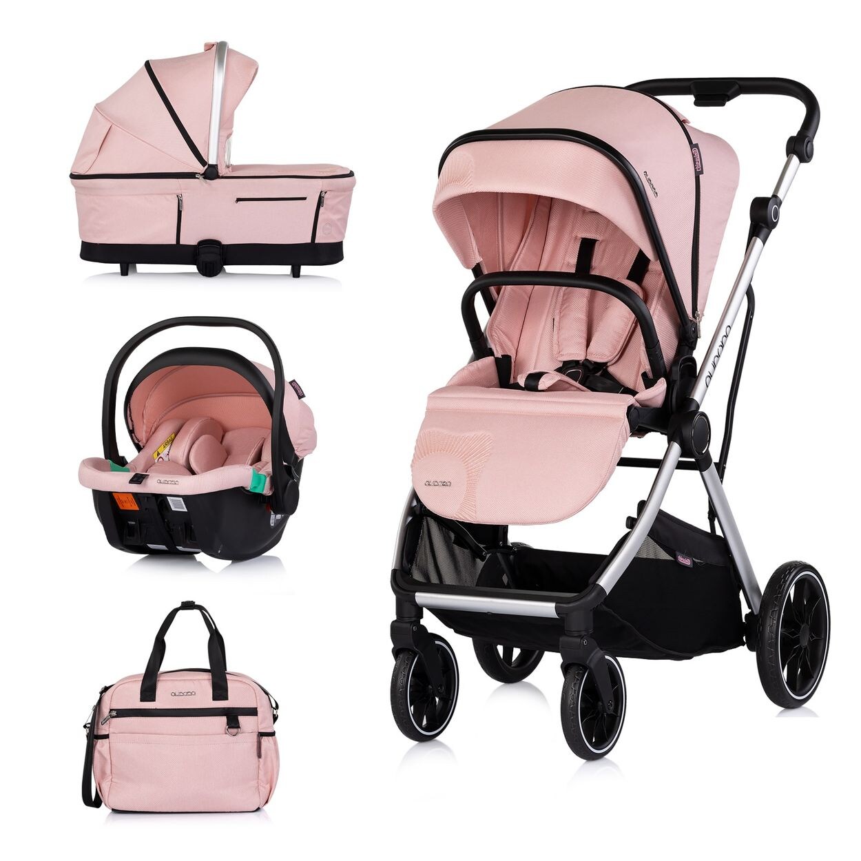Chipolino Kombikinderwagen Aurora 3 in 1 Babyschale Babywanne Sportsitz Tasche rosa