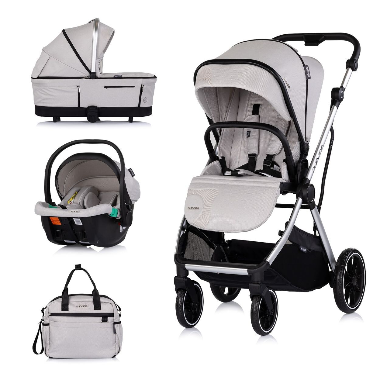 Chipolino Kombikinderwagen Aurora 3 in 1 Babyschale Babywanne Sportsitz Tasche hellgrau