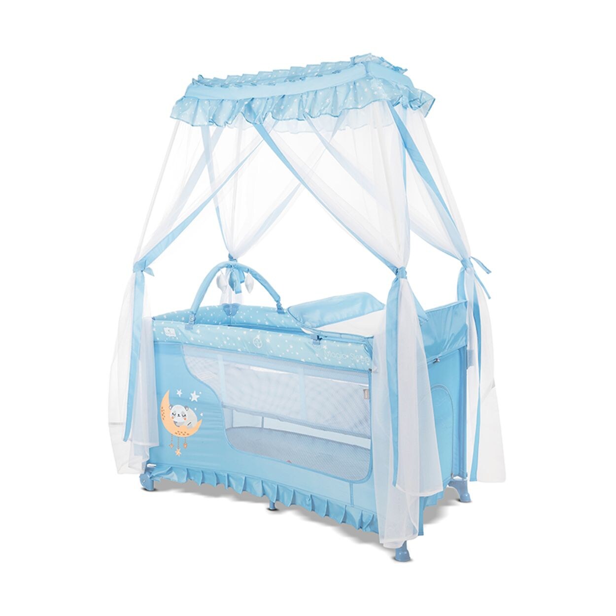 Lorelli Reisebett Magic Sleep 2 Ebenen Baldachin Mobile Wickelauflage faltbar hellblau Sterne