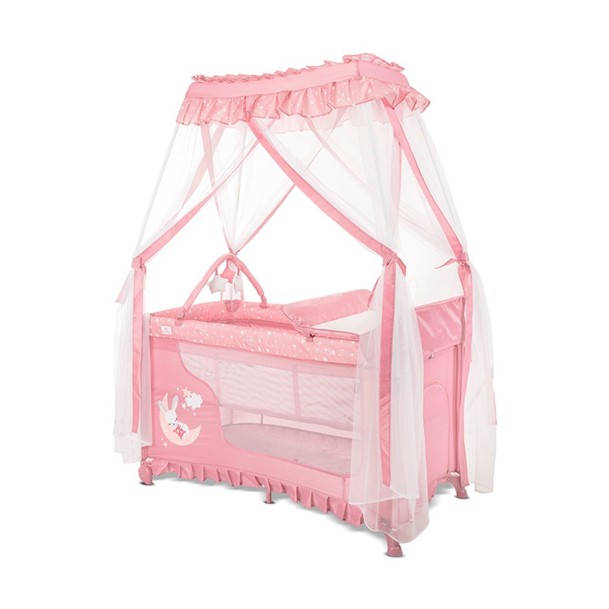 Lorelli Reisebett Magic Sleep 2 Ebenen Baldachin Mobile Wickelauflage faltbar rosa Sterne