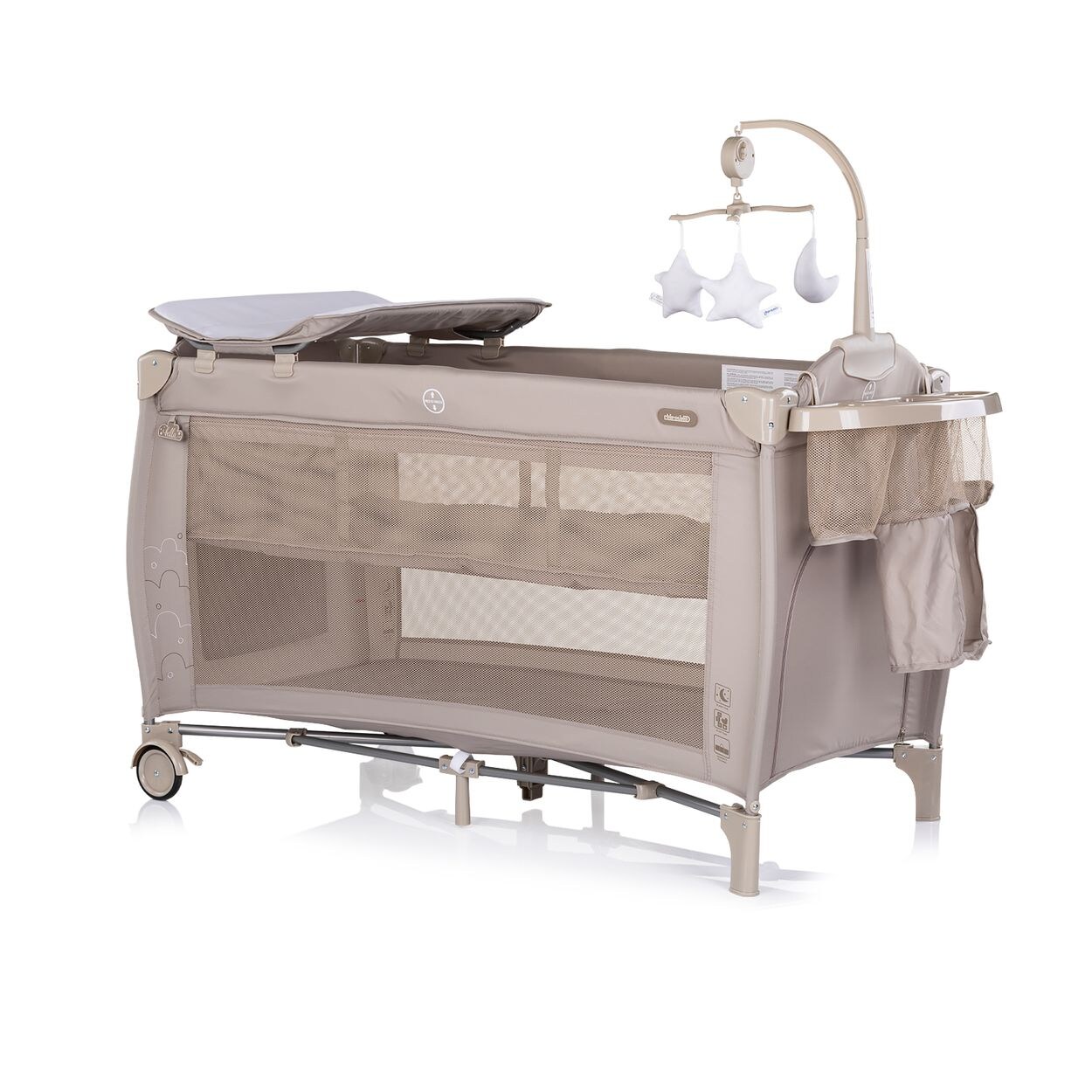 Chipolino Reisebett Bella 2 Ebenen seitlicher Eingang Musikmobile Wickelauflage beige grau