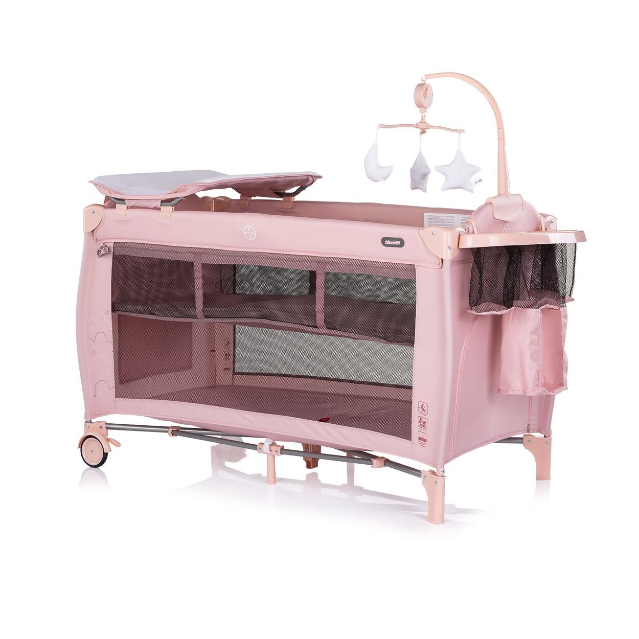 Chipolino Reisebett Bella 2 Ebenen seitlicher Eingang Musikmobile Wickelauflage rosa Baby