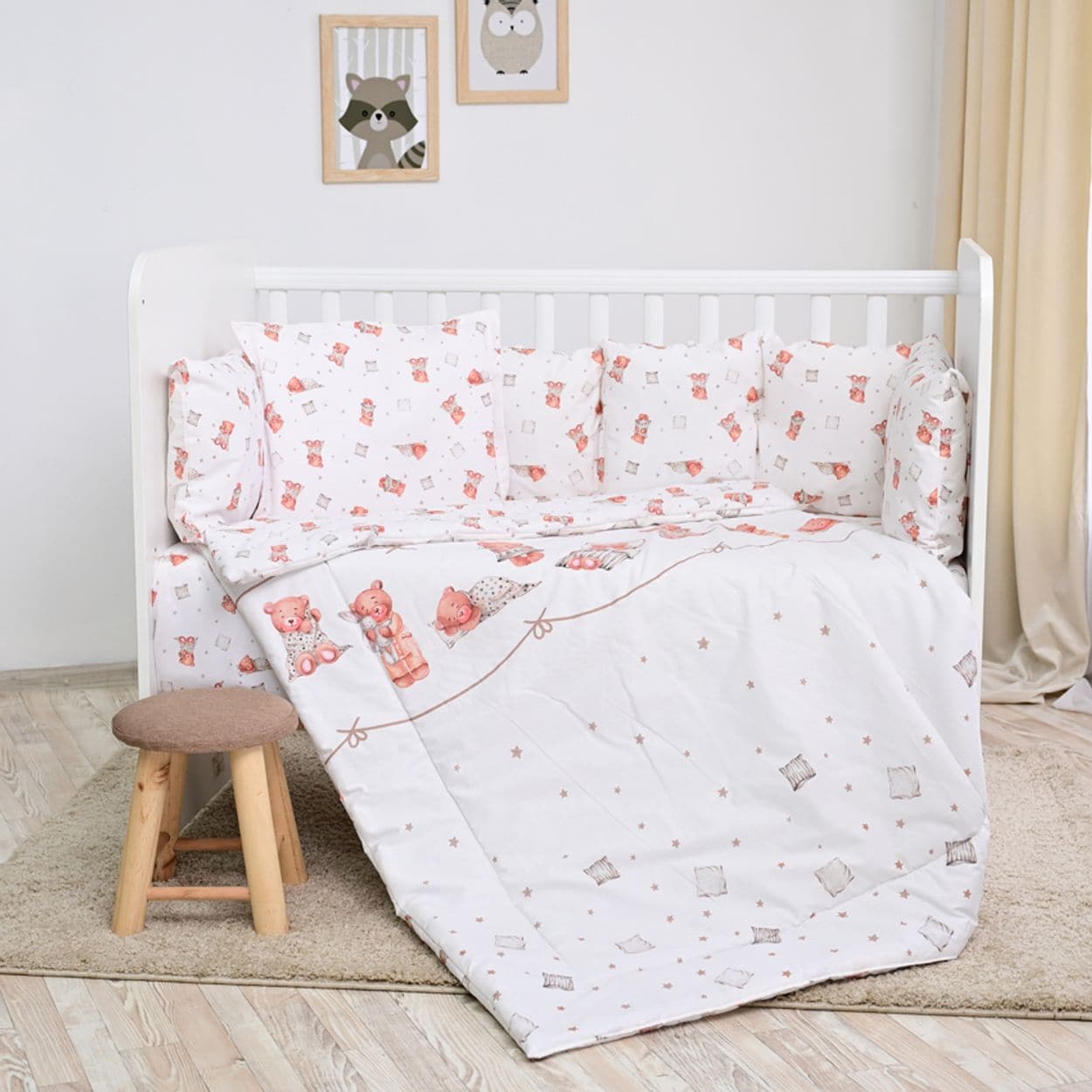 Lorelli Babybettw&auml;sche-Set 5-tlg. Decke 140 x 95 cm Kissen 43 x 35 cm Nestchen beige/b&auml;r - Bild 1