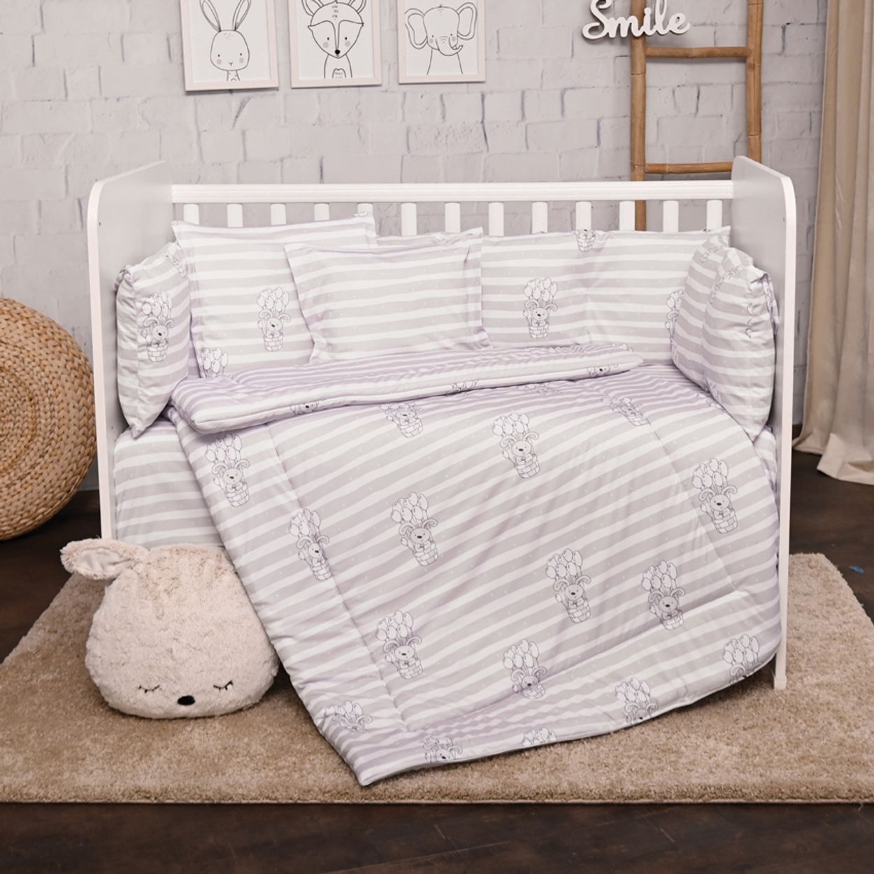 Lorelli Babybettw&auml;sche-Set 5-tlg. Decke 140 x 95 cm Kissen 43 x 35 cm Nestchen grau gemustert - Bild 1