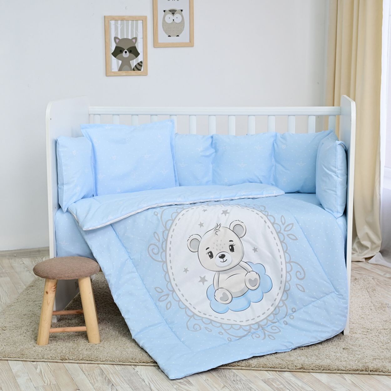 Lorelli Babybettwäsche-Set 5-tlg. Decke 140 x 95 cm Kissen 43 x 35 cm Nestchen blau Bär