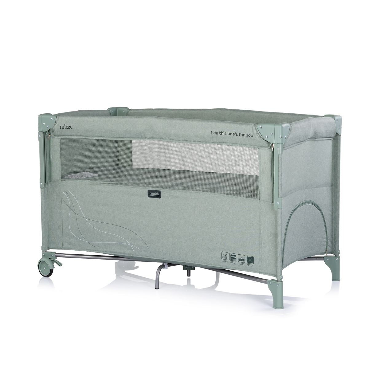 Chipolino Reisebett Relax Leinen 2 Ebenen Tasche, Reißverschluss, Räder, faltbar grün grau