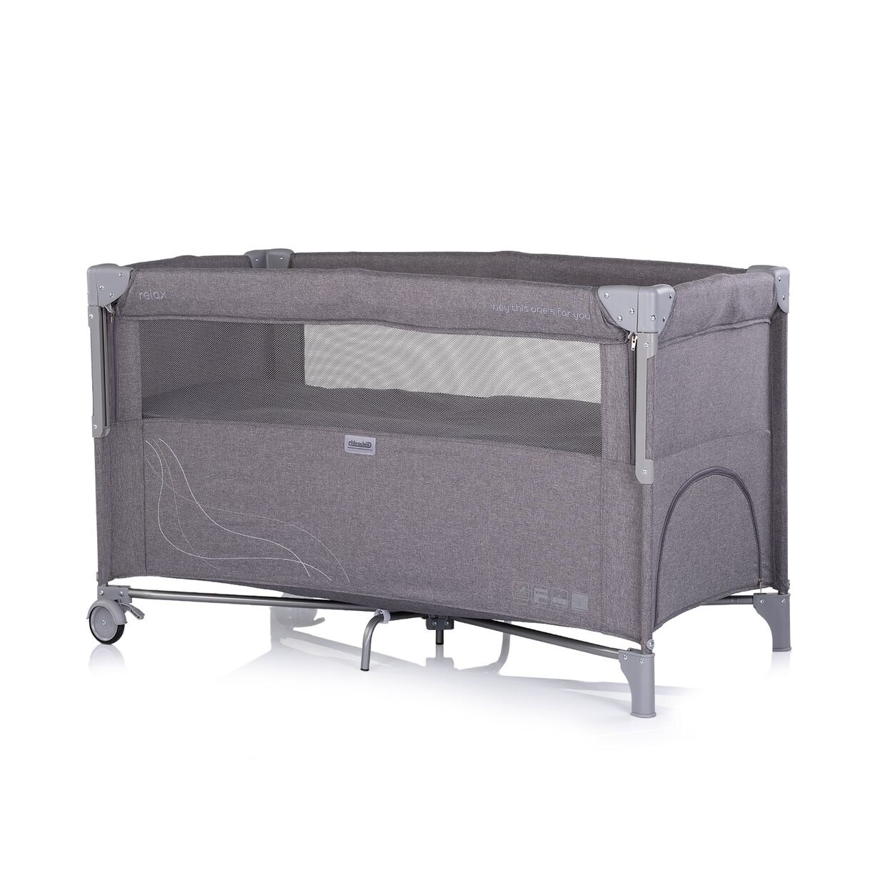 Chipolino Reisebett Relax Leinen 2 Ebenen Tasche, Reißverschluss, Räder, faltbar schwarz grau