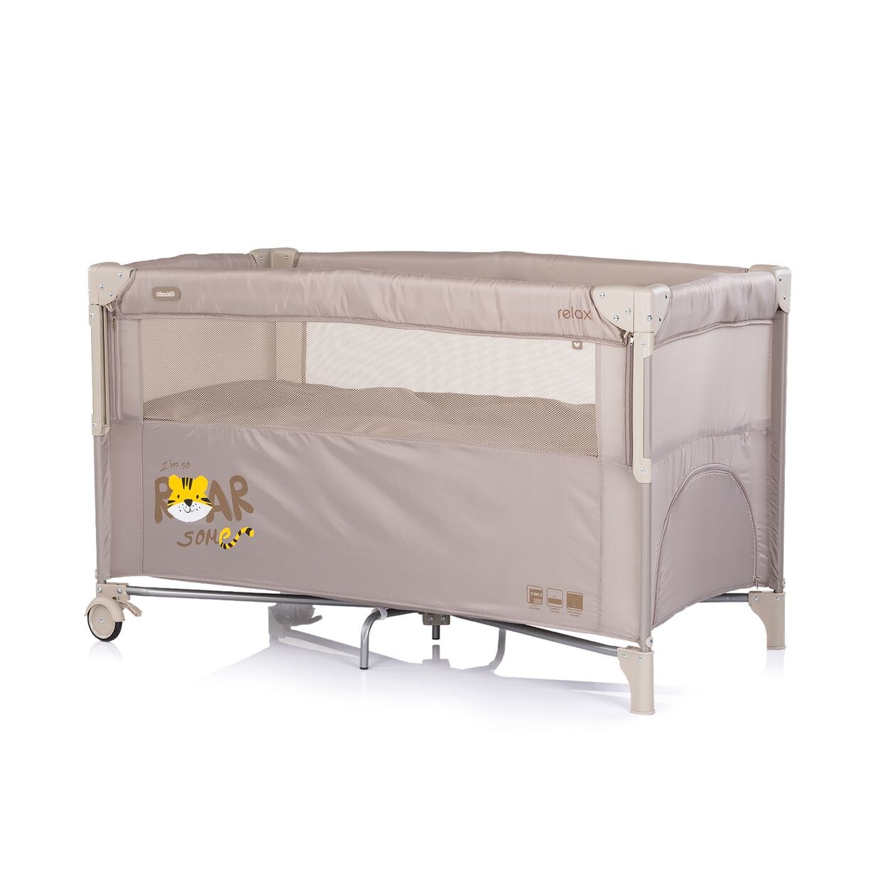 Chipolino Reisebett Relax 2 Ebenen, Vorderseite absenkbar, Seiteneingang, Tasche beige braun