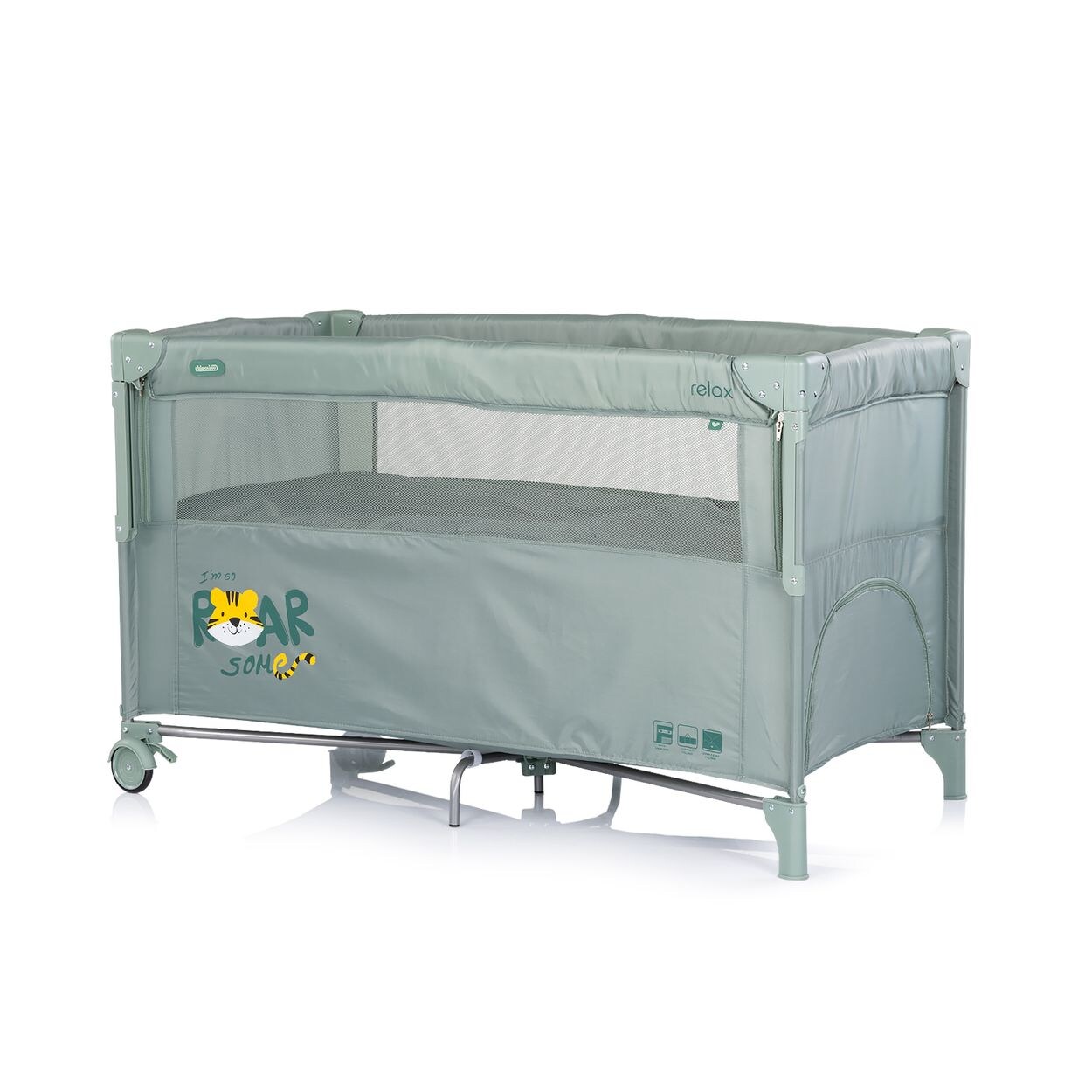 Chipolino Reisebett Relax 2 Ebenen, Vorderseite absenkbar, Seiteneingang, Tasche grün grau