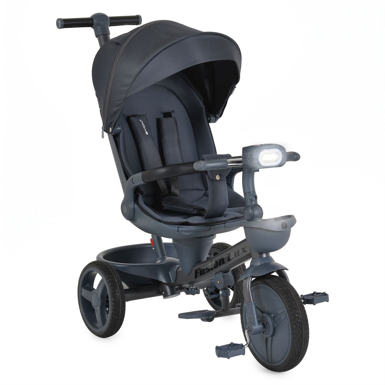 Byox Dreirad Fusion Lux Musik Scheinwerfer PU-Reifen Hinterradbremsen Korb Gurt dunkelgrau