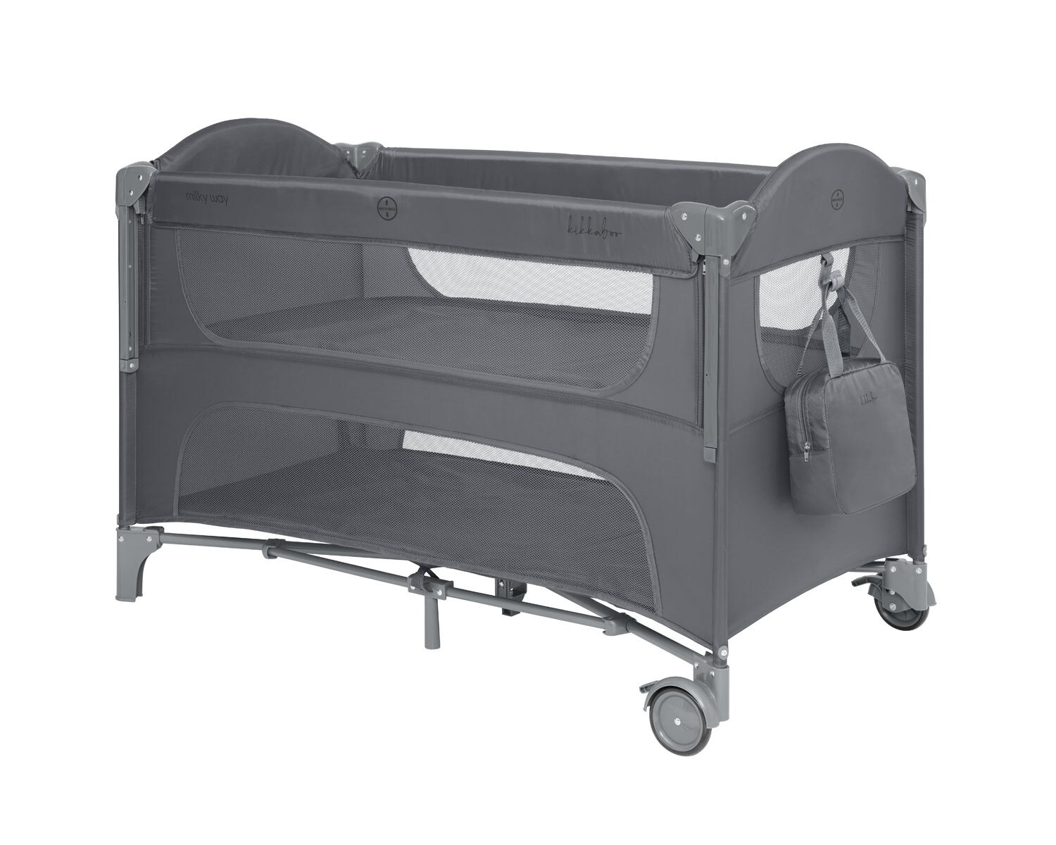 Kikkaboo Reisebett Milky Way, 2 Ebenen, seitliche Öffnung, 2 Räder, Netzfenster grau dunkelgrau