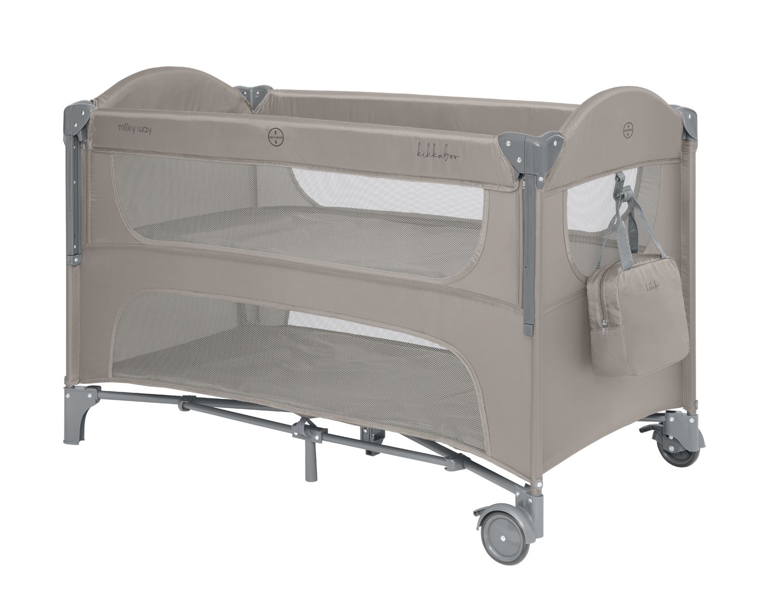 Kikkaboo Reisebett Milky Way, 2 Ebenen, seitliche &Ouml;ffnung, 2 R&auml;der, Netzfenster beige/braun - Bild 1
