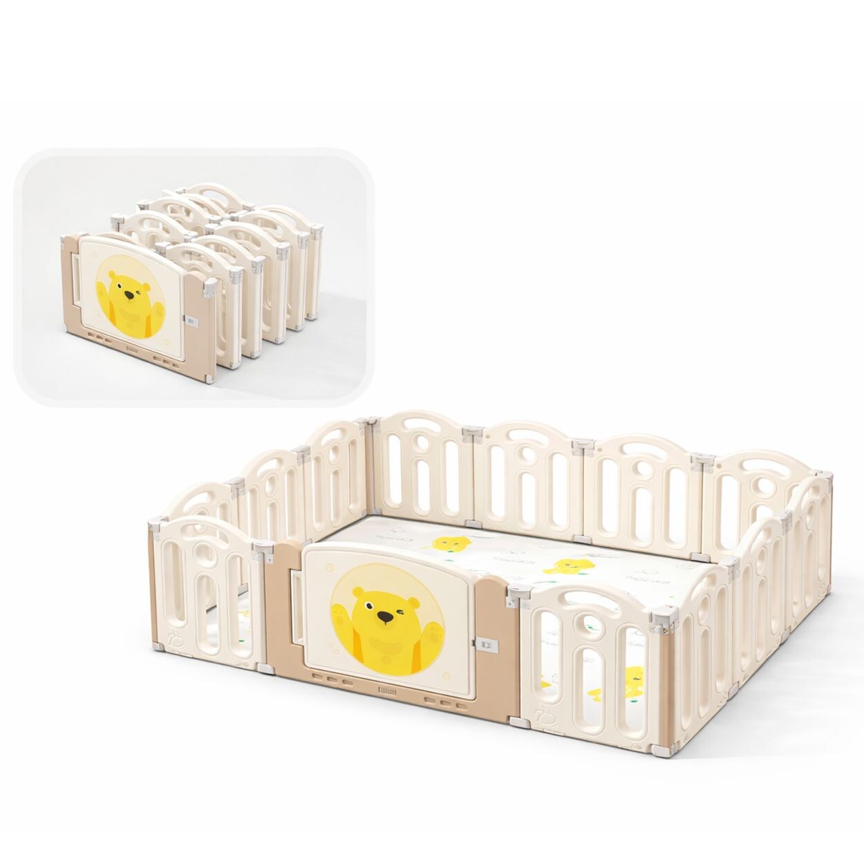Moni Laufstall Teddy Land 160 x 120 cm Matte 13 teilig faltbar Saugnäpfe Tür beige