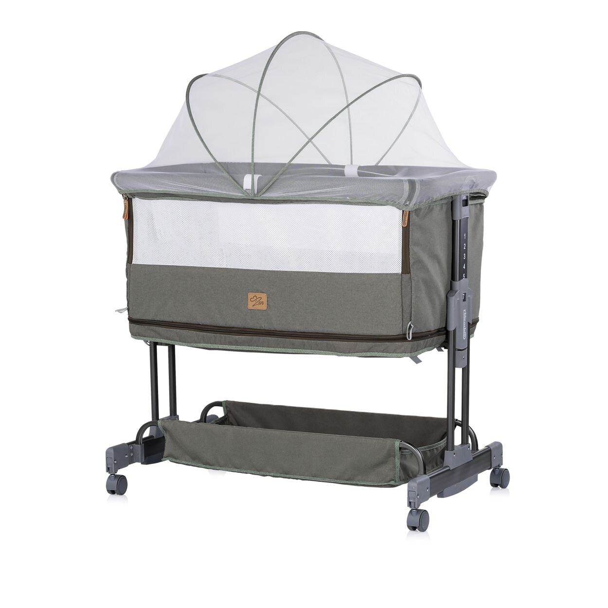 Chipolino Beistellbett Zen 2 in 1 Babybett Schaukelfunktion 7 Höhen Moskitonetz grün