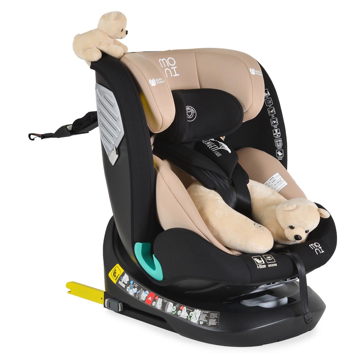 Moni Kindersitz Serengeti i-Size (40-150cm) Isofix, Kuscheltier, Nackenkissen beige