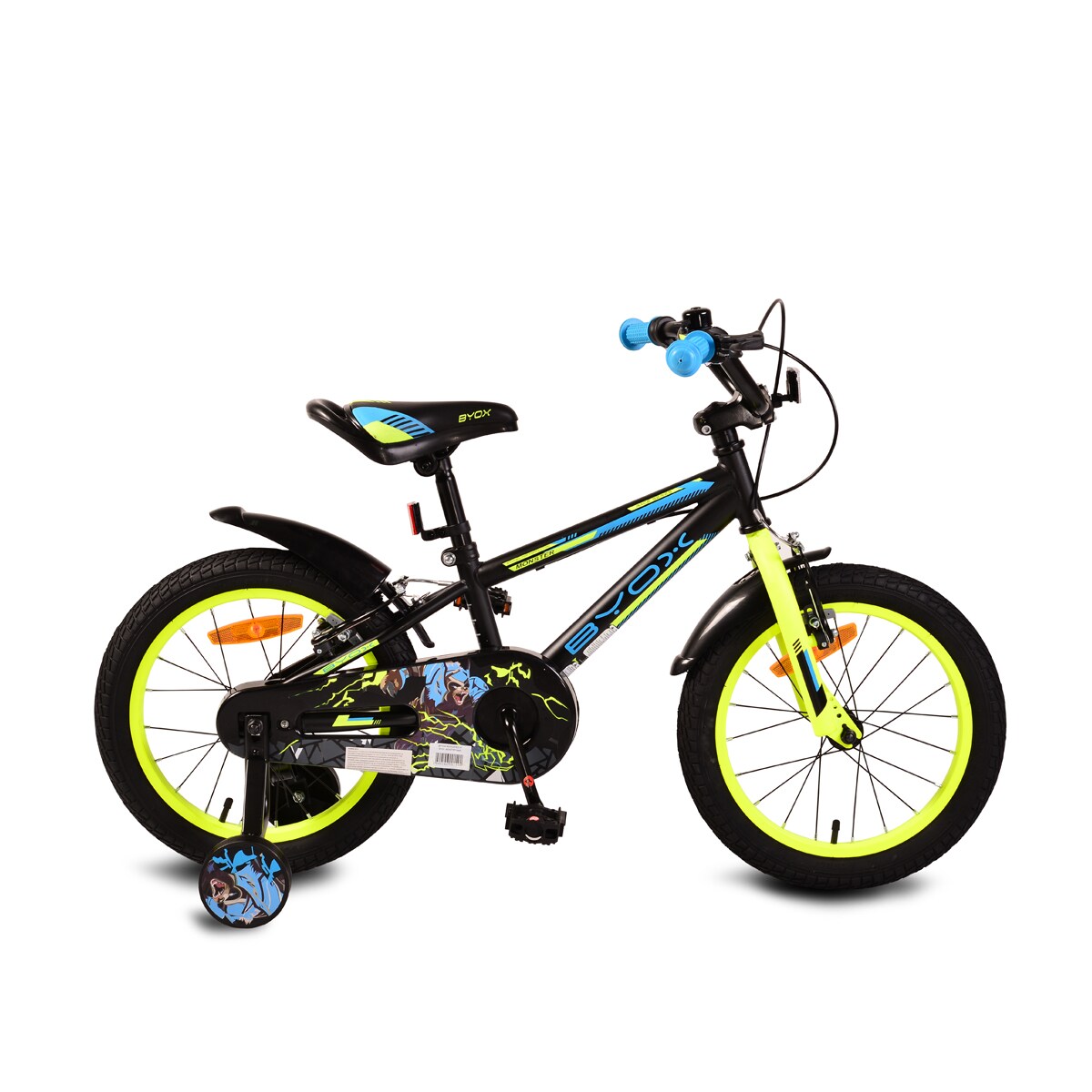 Byox Kinderfahrrad Monster 16 Zoll schwarz, Stützräder, Metall-Rahmen, Klingel | 03800146201494