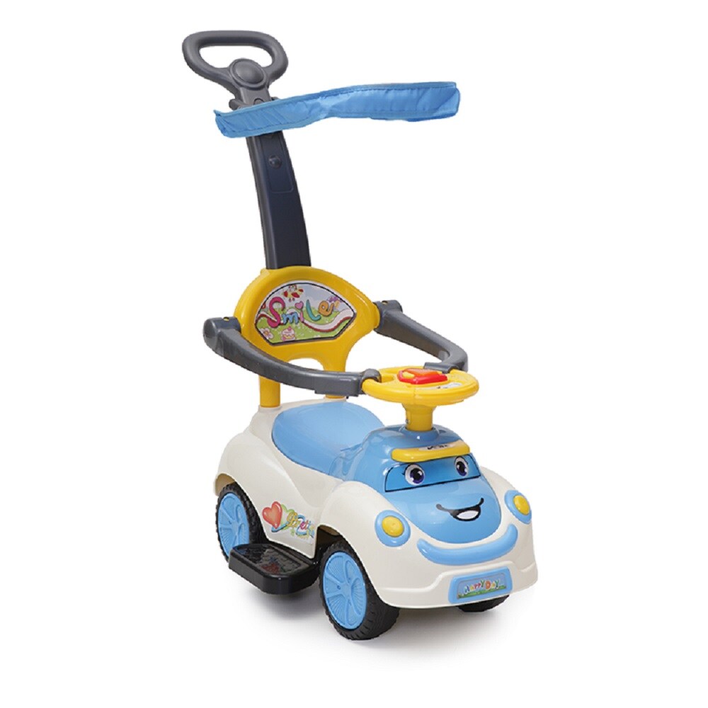 Rutschauto SMILE 3 in 1, Schubstange, Sonnendach, Fußstützen, Sicherheitsbügel blau