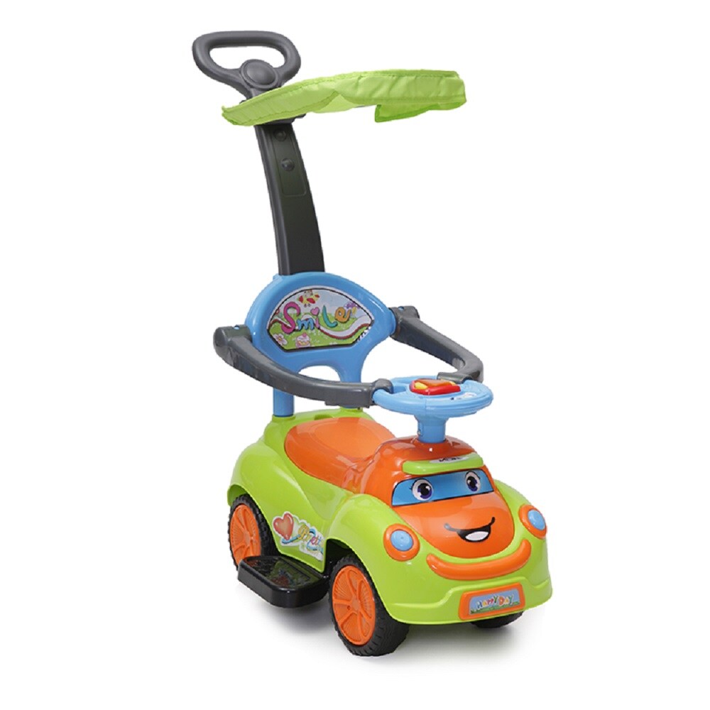 Rutschauto SMILE 3 in 1, Schubstange, Sonnendach, Fußstützen, Sicherheitsbügel grün