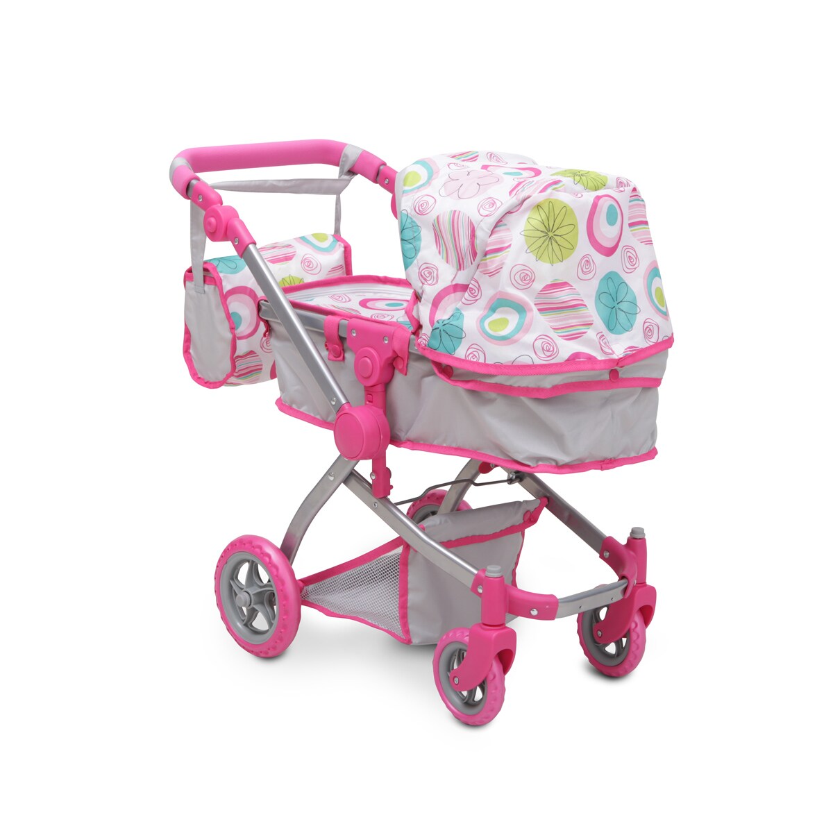 Puppenwagen pink Rose 9651B, verstellbarer Schiebegriff, Sonnendach, Tasche