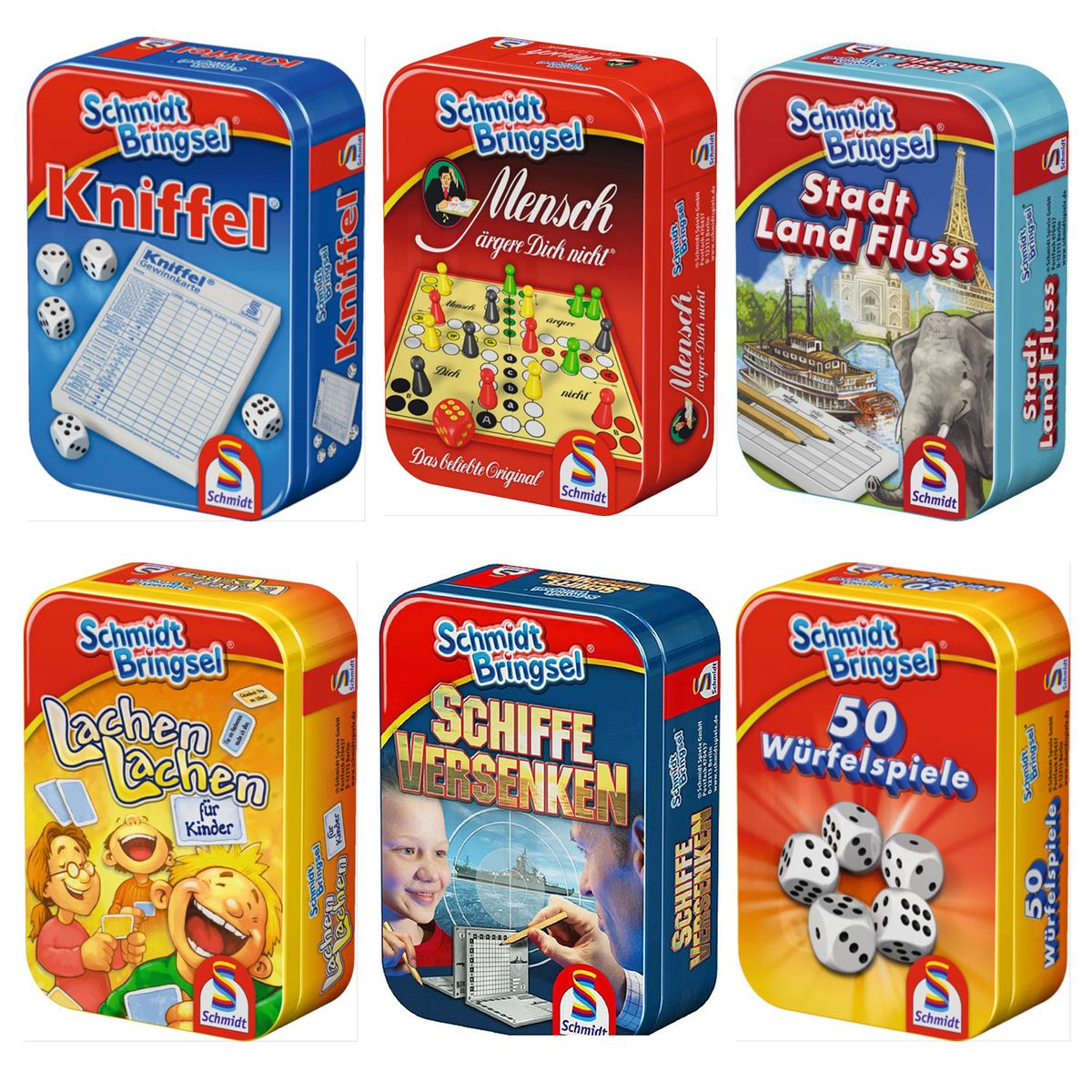 Schmidt 51055 BUNDLE sort. - Schmidt Bringsel - 6 verschiedene Mitbring-Spiele in Metallbox - Bild 1