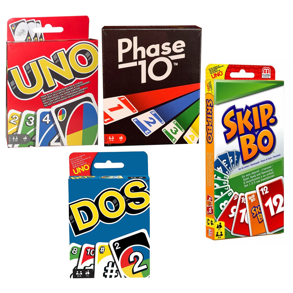 SPAR-SET 169882 - Mattel - 4er Set Kartenspiele: UNO, Skip Bo, Phase 10 und DOS - Bild 1