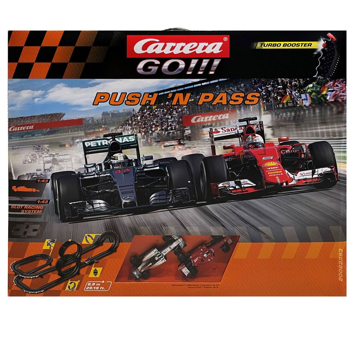 Stadlbauer 20062393 2.Wahl - Carrera GO!!! - Ferrari - Mercedes - Rennstrecke 8,9 Meter, Push 'n Pass, inkl. 2 Fahrzeugen, 1:43 - Bild 1