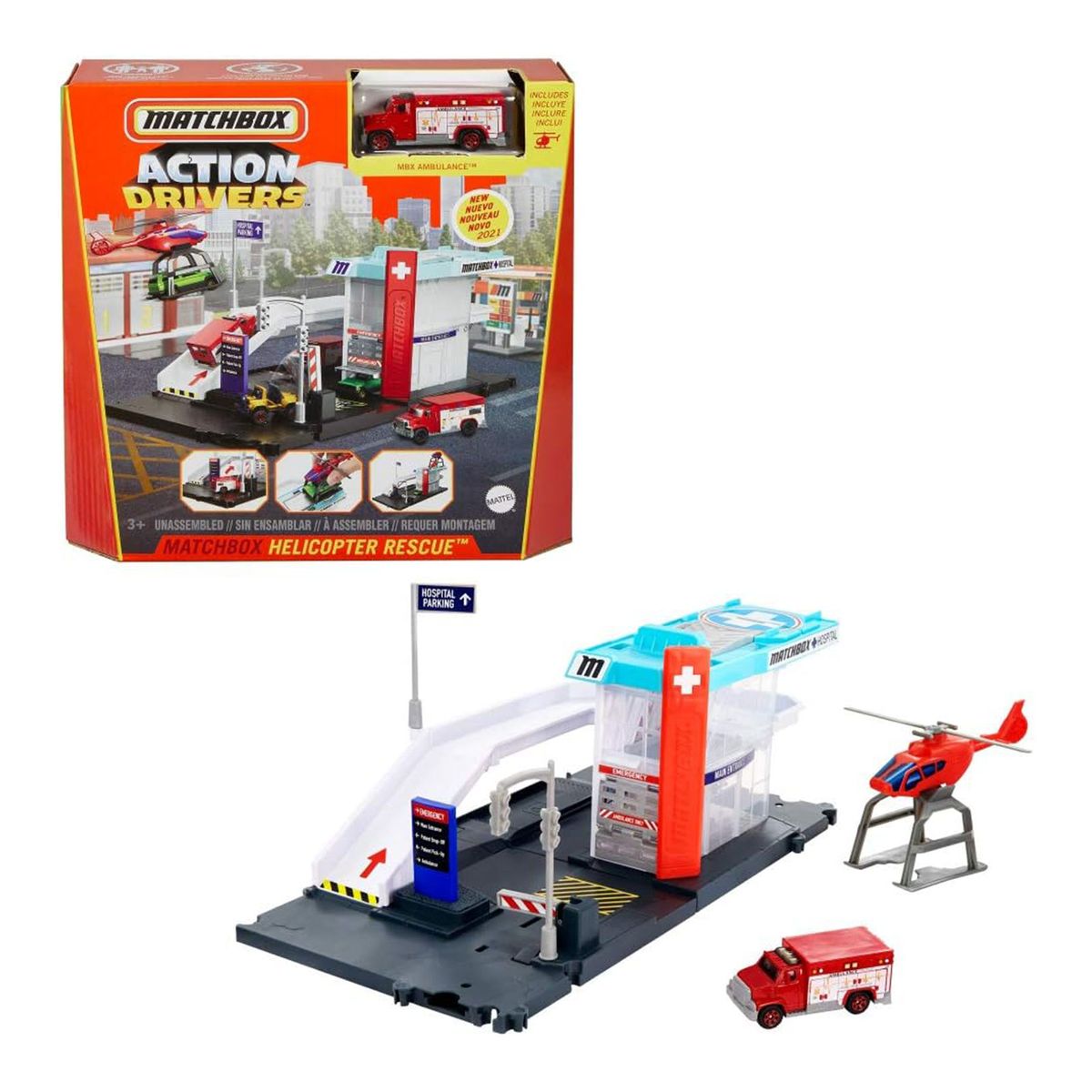 Mattel GVY83 - Matchbox - Action Drivers - Helicopter Rescue, Spielset mit Fahrzeug, 1:64 - Bild 1