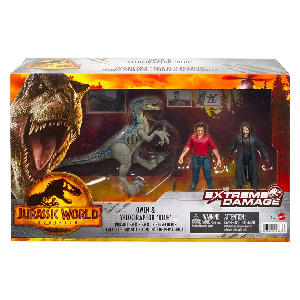 Mattel GWN25 - Jurassic World - Extreme Damage - Owen & Velociraptor 'Blue', Spielfiguren Set, 3er-Pack - Bild 1