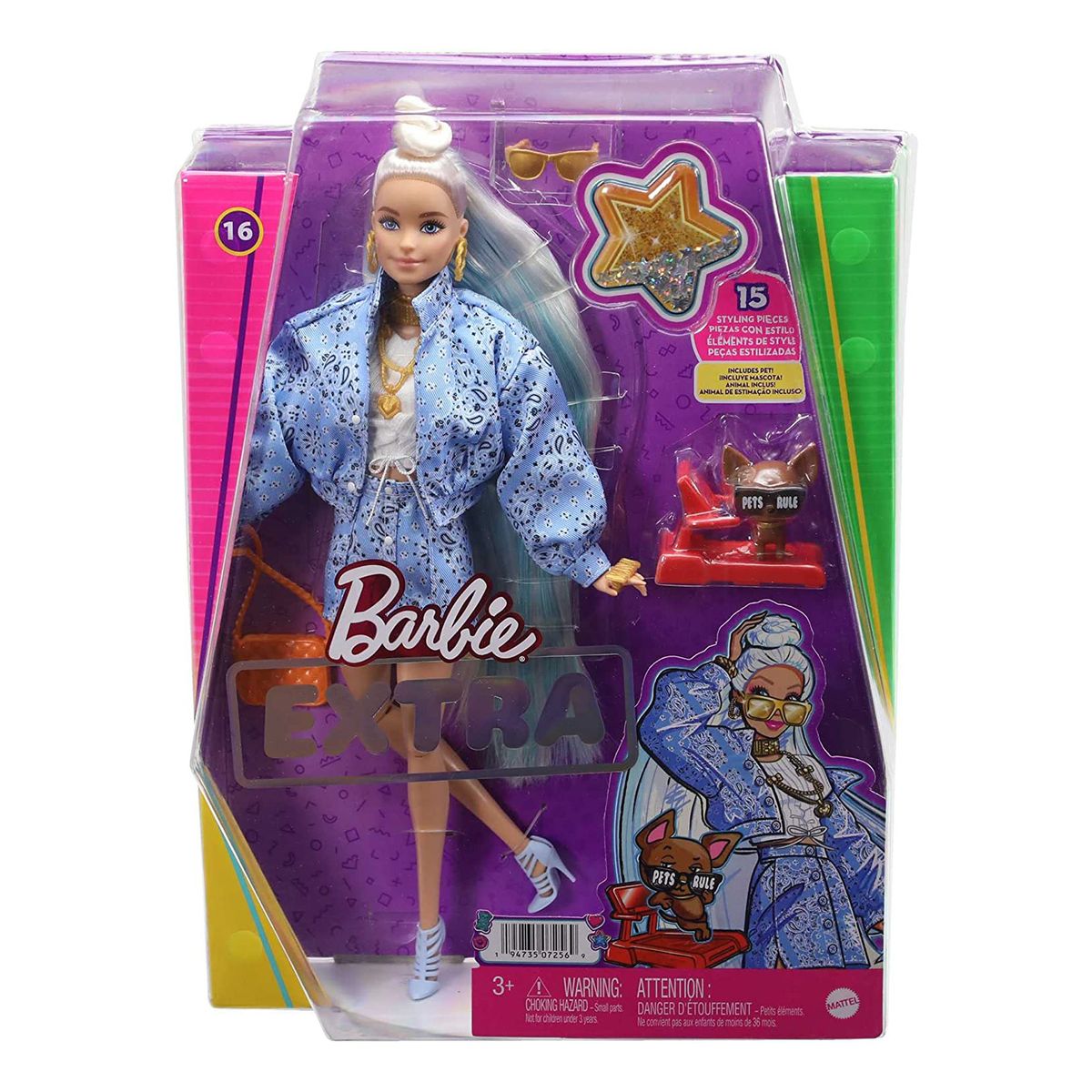 Mattel HHN08 - Barbie - Extra - Puppe in blauem Paisley-Print Rock & Jacke, mit Haustier Welpe - Bild 1