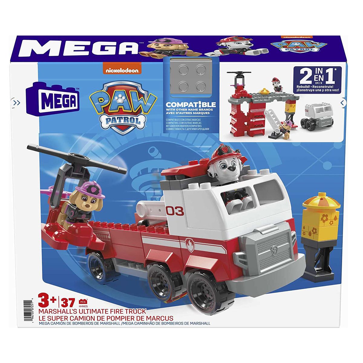 Mattel HHN05 - Paw Patrol - Mega Bloks - 2-in-1 Bauset, 37 Teile, Feuerwehrauto mit Marshall & Skye - Bild 1