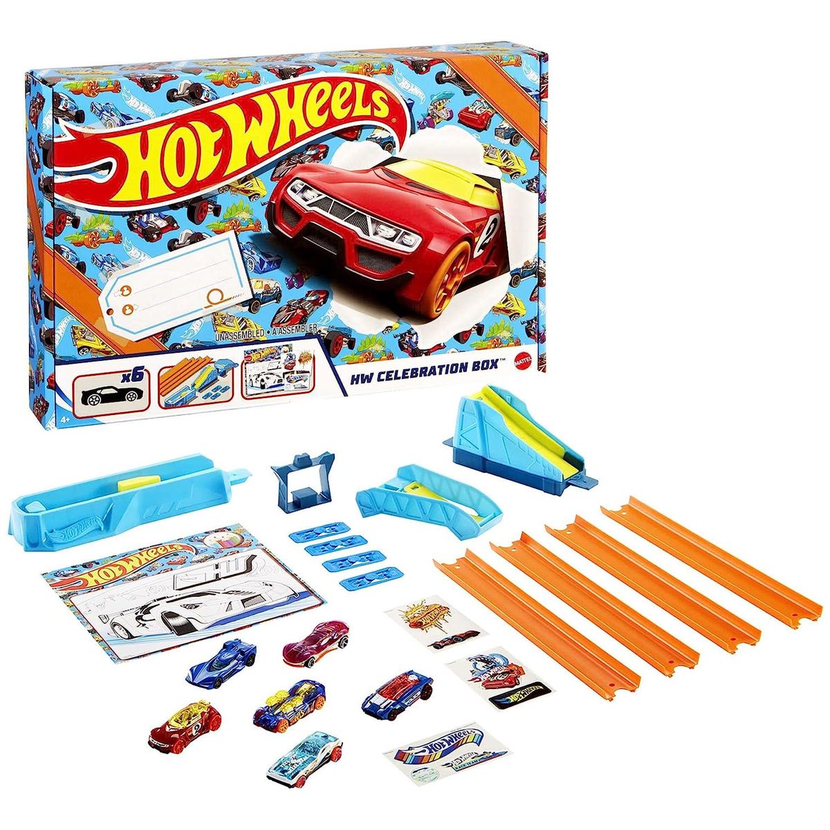 Mattel GWN96 - Hot Wheels - Starterset inkl. 6 Fahrzeuge, Tracks und Rampen, Celebration Box, 1:64 - Bild 1