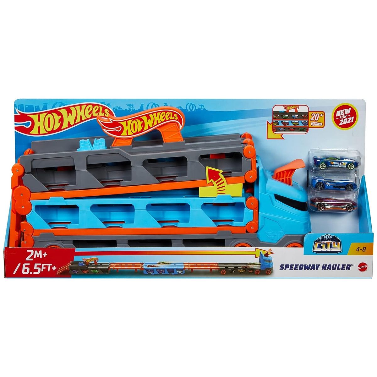 Mattel HGH33 - Hot Wheels - 2 in 1, Rennbahn-Transporter mit 3 Fahrzeugen - Bild 1
