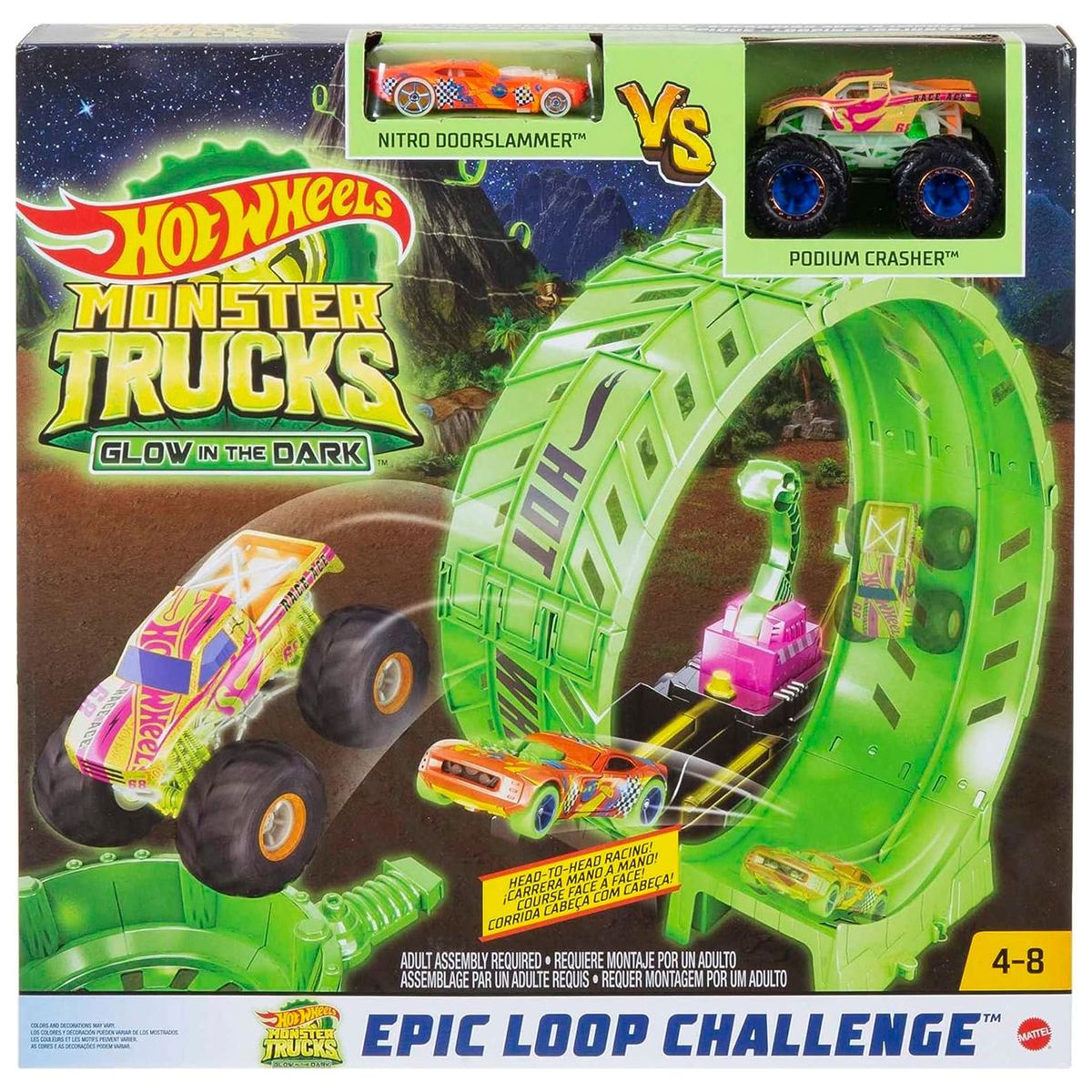 Mattel HBN02 - Hot Wheels - Monster Trucks - Looping-Challenge Spielset, Glow in the Dark - Bild 1
