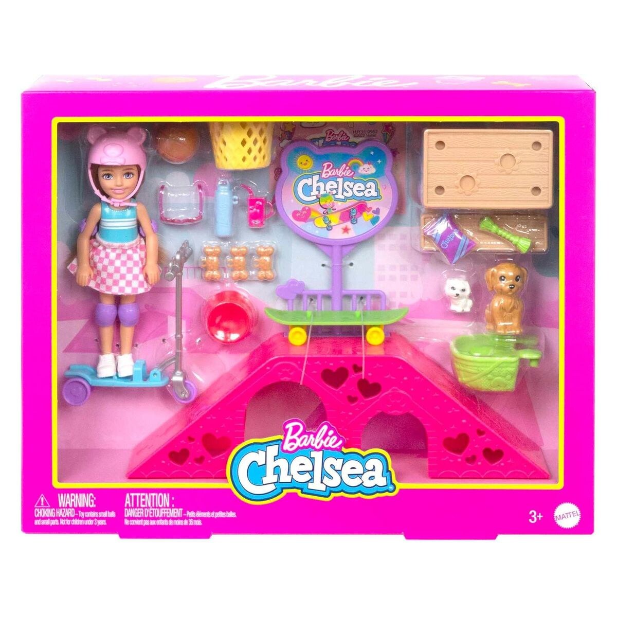 Mattel HJY35 – Barbie – Chelsea – Skatepark: Chelsea mit Skateboard und 15+ Zubehörteilen | 00194735098279