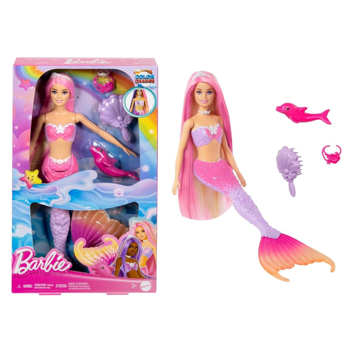 Mattel HRP97 - Barbie - Meerjungfrau Malibu &ndash; Farbwechseleffekt, Delfin & Accessoires - Bild 1