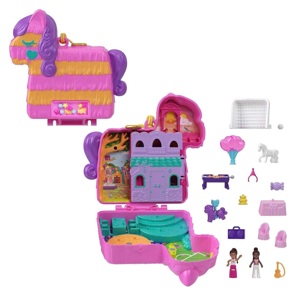Mattel HKV32 - Polly Pocket - Pi&ntilde;ata-Party Schatulle, Pferde-Pi&ntilde;ata, Glitzerfenster, 2 Puppen, 5 Spielelemente, 13 Accessoires - Bild 1
