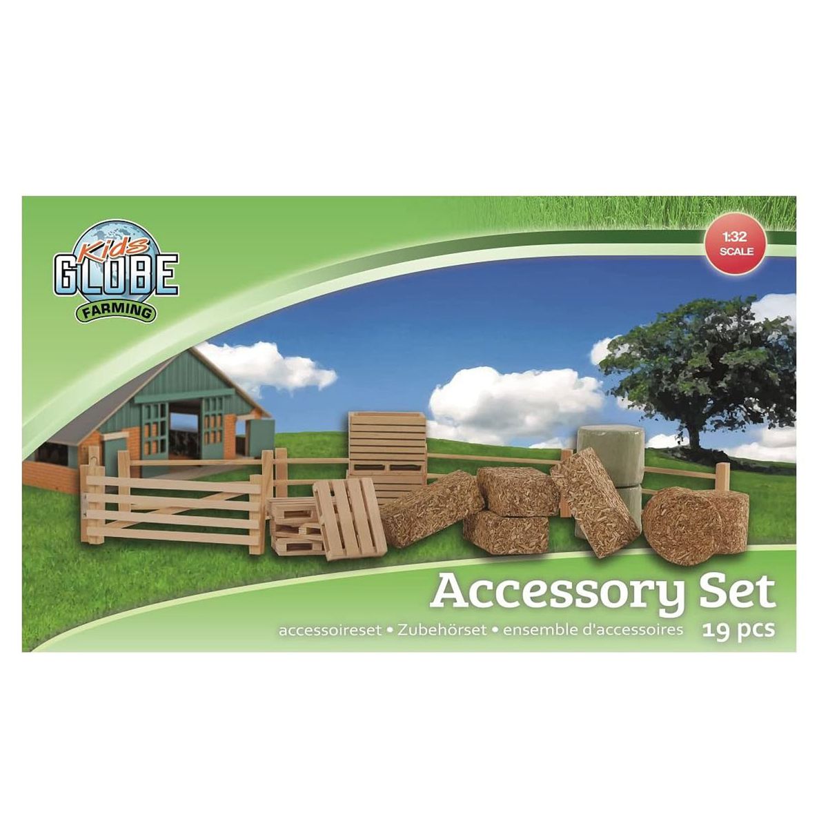 Kids Globe 610253 - Farming Zubeh&ouml;r Set &ndash; 19-tlg. aus Holz, Ma&szlig;stab 1:32 &ndash; Z&auml;une, Heuballen, Kartoffelkisten & Paletten - Bild 1