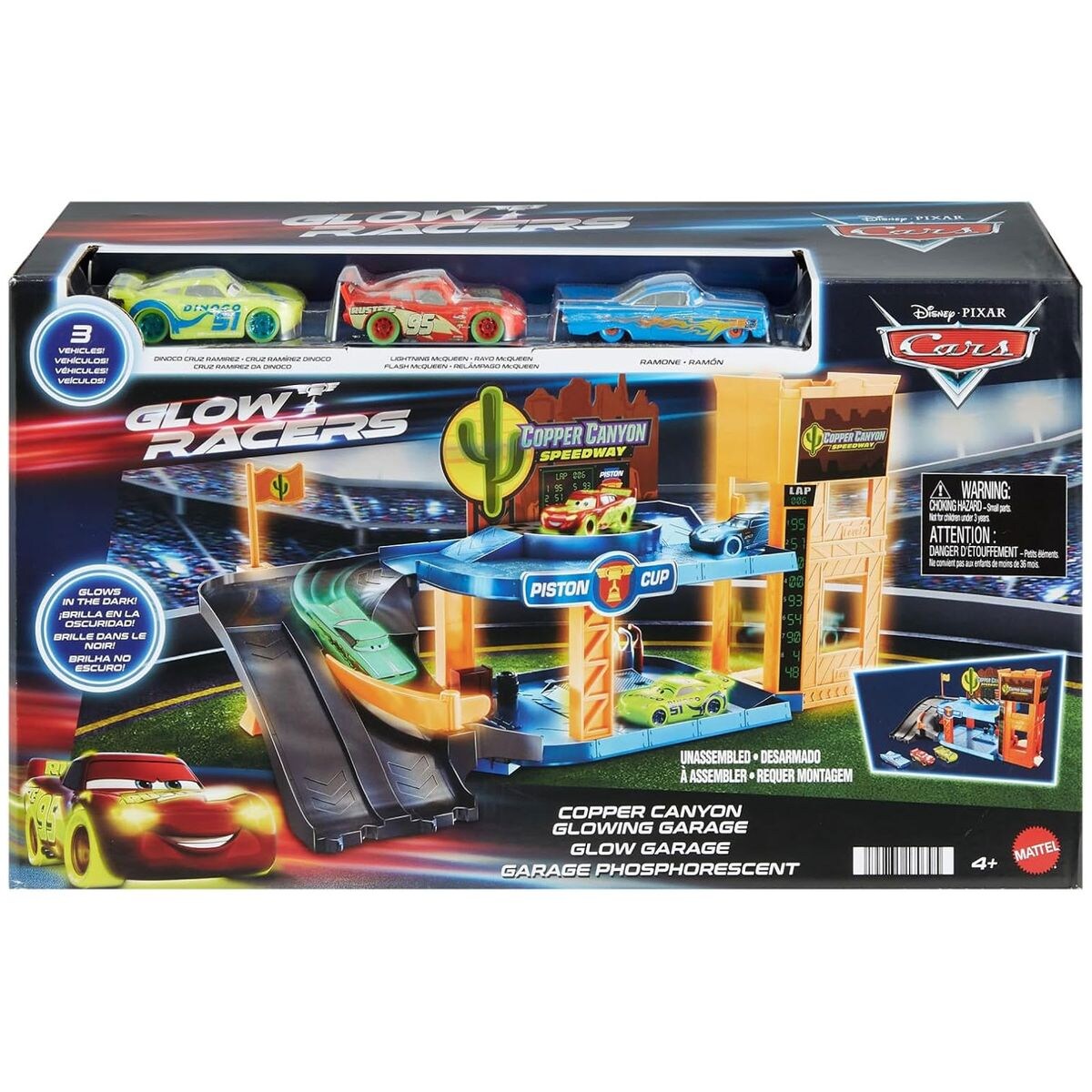 Mattel HPX75 - Disney Pixar Cars - Copper Canyon Leuchtende Garage Spielset – Rennspaß im Dunkeln!