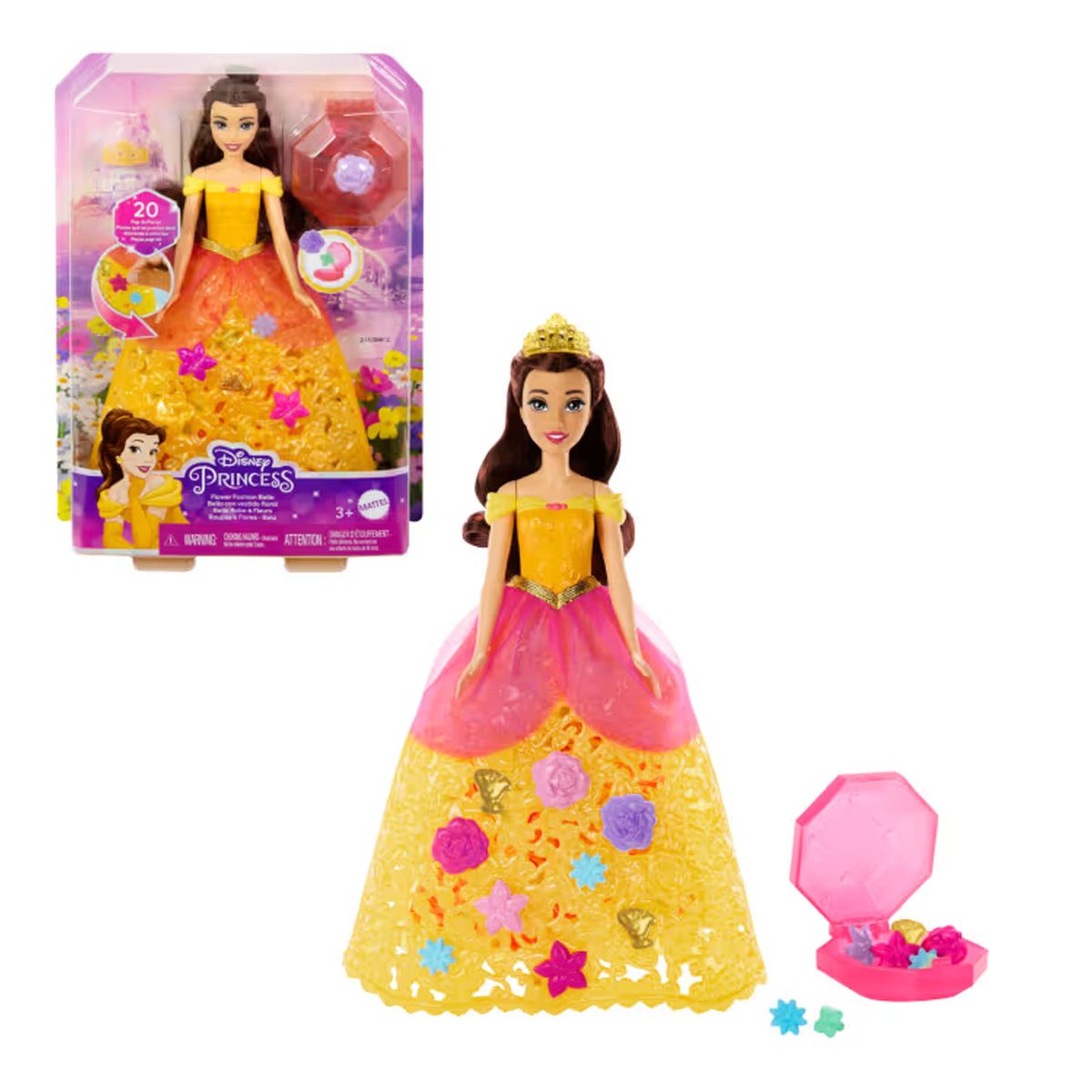 Mattel HWB41 - Disney Princess - Belle Puppe mit Charms, Flower Fashion - Bild 1