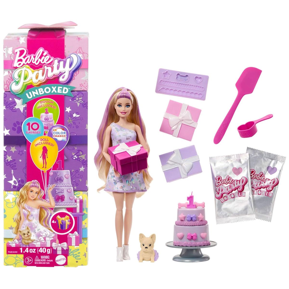 Mattel JFG70 - Barbie - Party Unboxed - Puppe und Accessoires, Haustier Geburtstag Serie - Bild 1