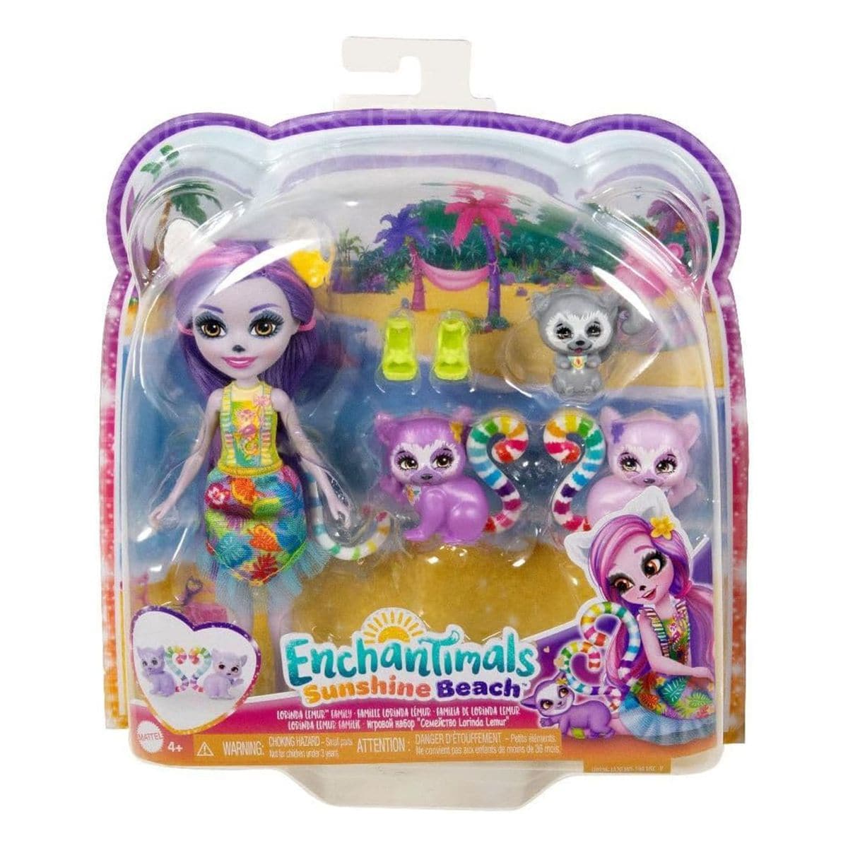 Mattel HRX86 - Enchantimals - Sunshine Beach - Puppe mit Zubeh&ouml;r und Tierfreund, Lorinda Lemur Familie - Bild 1