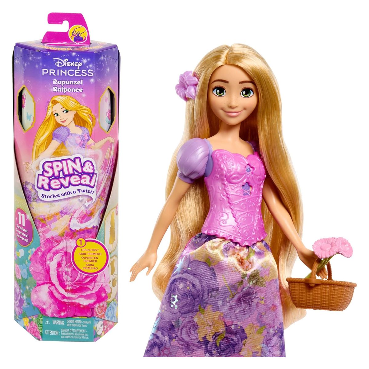 Mattel HTV86 - Disney Princess - Spin & Reveal - Rapunzel Puppe mit 11 &Uuml;berraschungen, darunter 5 Accessoires, 5 Sticker - Bild 1