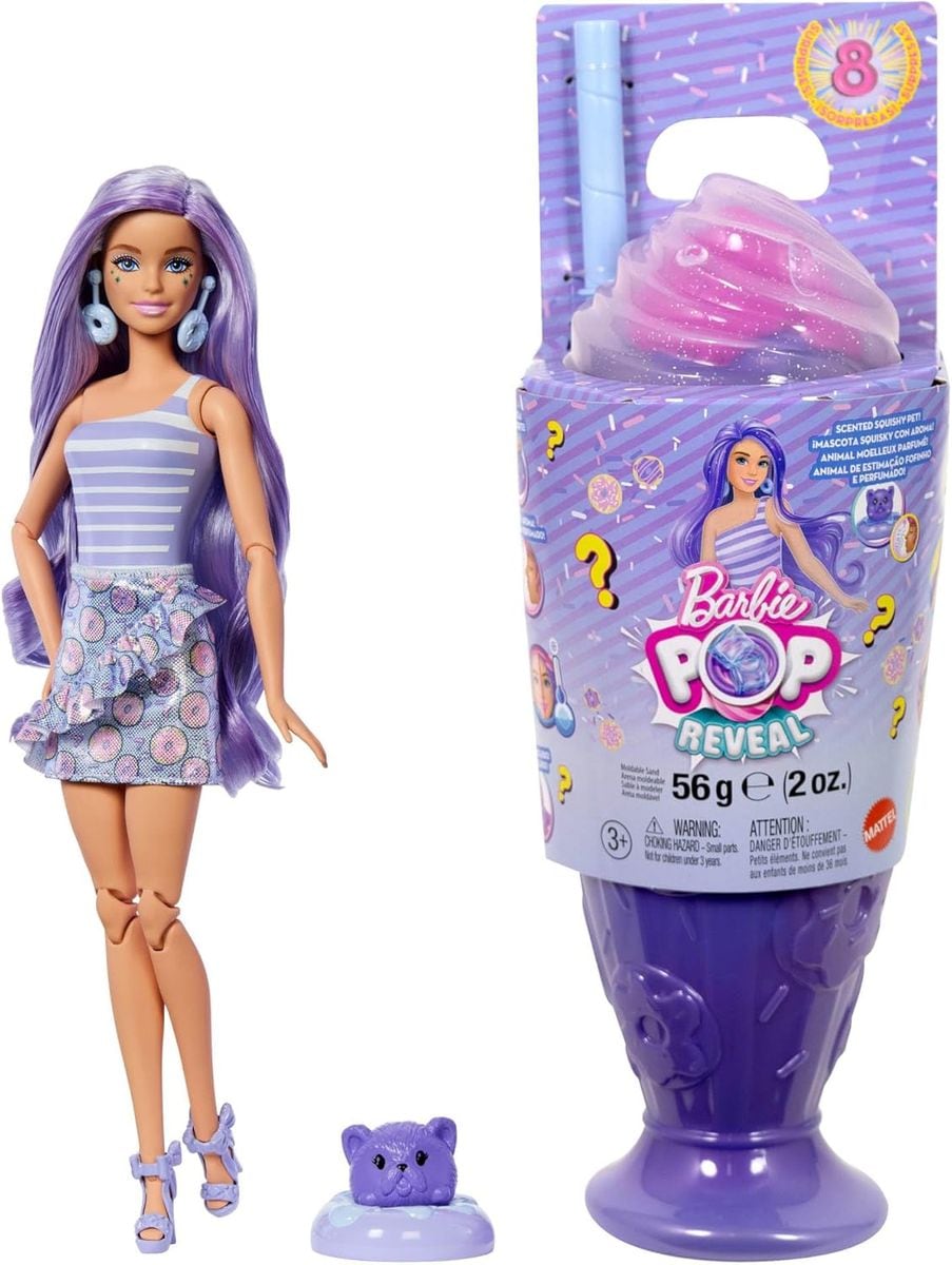 Mattel JFY60 - Barbie - Pop Reveal - Modepuppe mit 8 &Uuml;berraschungen und formbaren Sand (56g), Donut Dreams Design - Bild 1