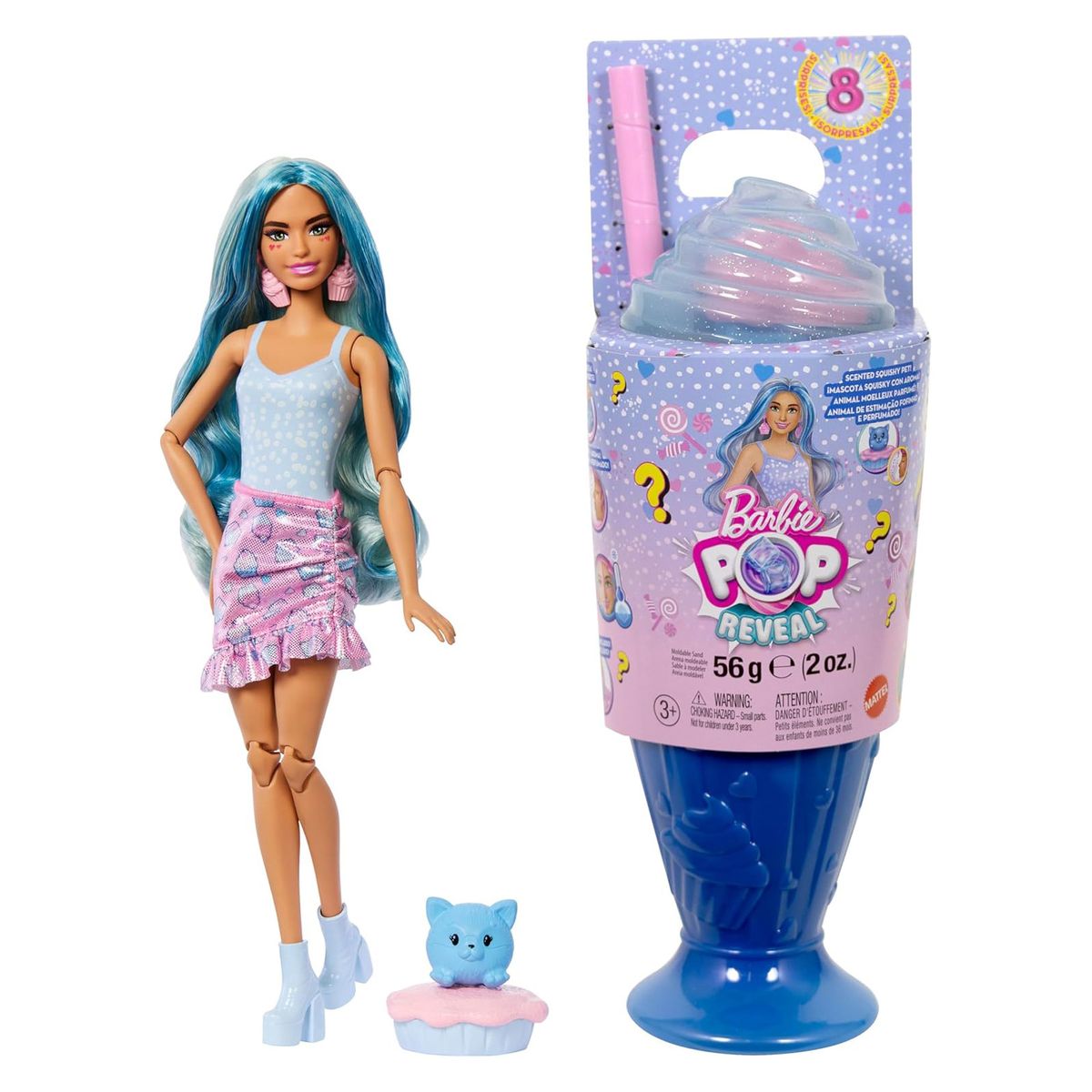 Mattel JFY61 - Barbie - Pop Reveal - Modepuppe mit 8 &Uuml;berraschungen und formbaren Sand (56g), Cupcake Design - Bild 1