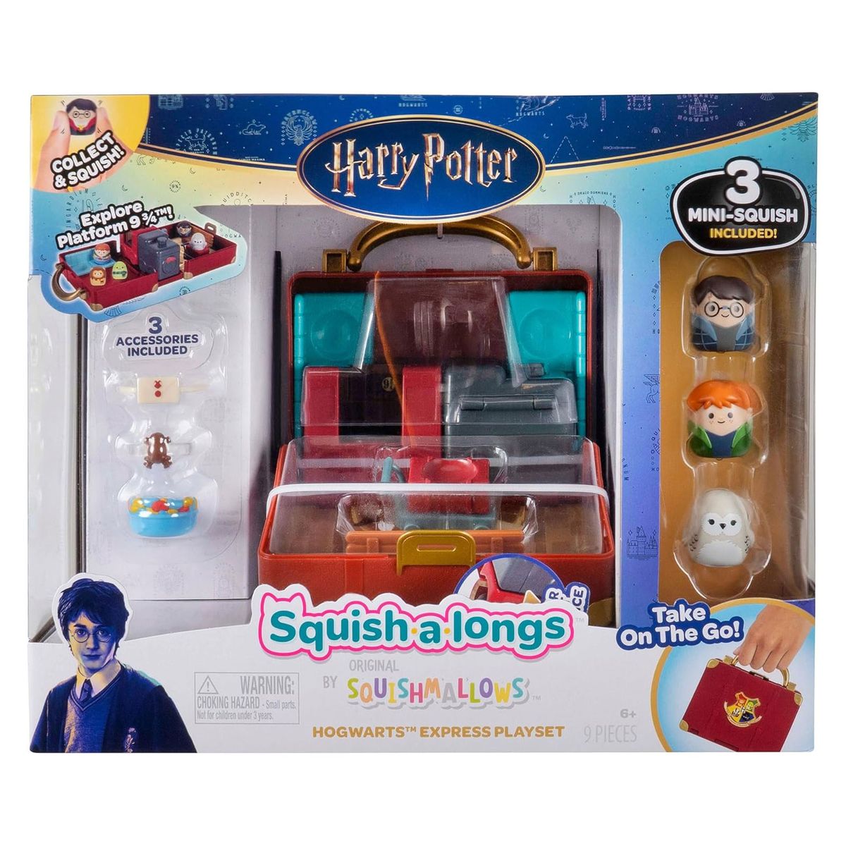Jazwares SQAL0110 - Harry Potter - Squishmallows - Squish-a-longs Spielset, Hogwarts Express Koffer, 9-teilig dartunter Harry, Ron und Hedwig Figur - Bild 1